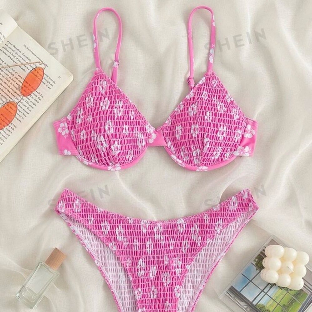 XS Pink Floral Smocked Underwire Bikini Top